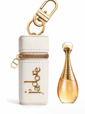 Dior J'adore White Leather Keychain Perfume Case with Gold Hardware